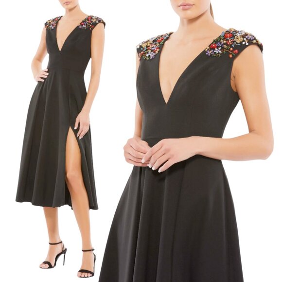 Mac Duggal 70214 Size 16 Black Floral Beaded V-Neck A-Line Cocktail Midi Dress - Picture 1 of 4